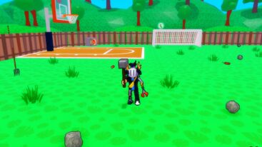 Roblox Destroy Brainrot Avatar Wearing Silver Helmet On Grass Holding Grey Hammer Near Basketball Court