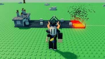 Roblox Factory Madness Avatar Wearing Silver Helmet Standing Before Conveyors Leading Cubes Into Fire