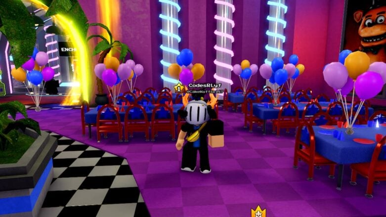 Roblox Five Nights Hunted Avatar Wearing Silver Helmet Standing Near Tables With Different Colored Balloons