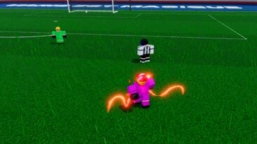 Roblox Freestyle Football An Avatar Wearing A Pink Football Kit With Orange Aura Tentacles Celebrating On Green Pitch
