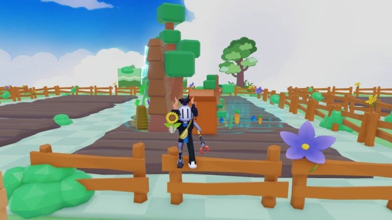 Roblox Grow Happy Garden Avatar Wearing Silver Helmet And Claw Arm Standing On Fence As Flowers Bloom Behind