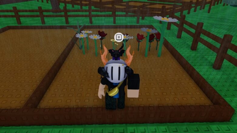 Roblox Grow A Flower Avatar Wearing Silver Helmet Standing In Flower Garden As Flowers Bloom Behind As Its Raining