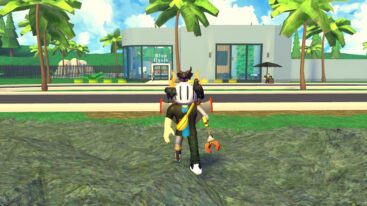 Roblox Hotel Tycoon Avatar Wearing Silver Helmet Standing On Rocks Near Blue Oasis Hotel With Palm Trees Outside
