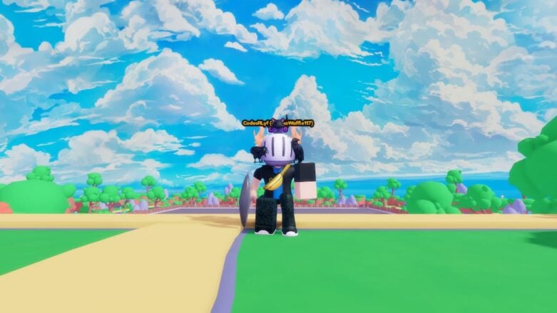 Roblox Infinite Mining Incrementa Avatar Wearing Silver Helmet And Pickaxe With Blue Skies Clouds And Trees Behind