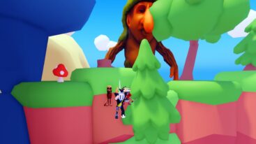 Roblox Italian Brainrot Clicker Avatar Wearing Silver Helmet Falling Through Air Has Big Nosed Avatar In Background