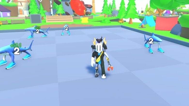 Roblox Italian Brainrot Merge Simulator Avatar Wearing Silver Helmet Standing Near Sharks Wearing Shoes