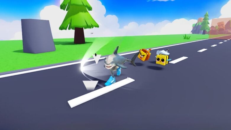 Roblox Italian Brianrot Race Shark Wearing Blue Shoes Racing Down Road Followed By A Bee And A Lion Pet