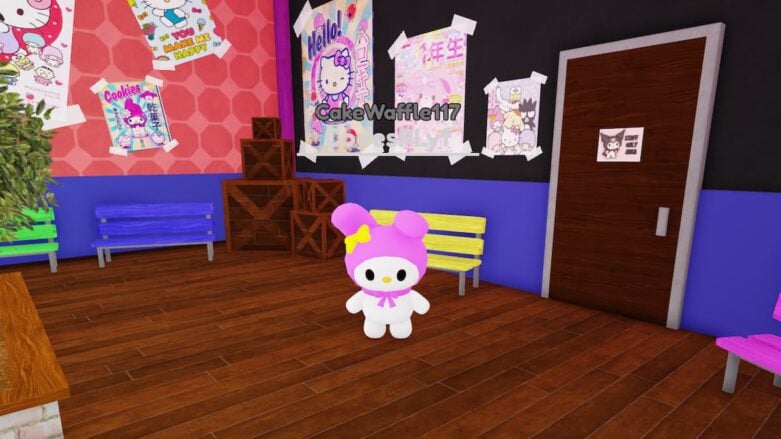 Roblox Kittys World Pink Hat Wearing Kitty Standing Near Colored Benches And Posters On Wooden Flooring