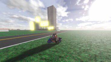 Roblox Motoprix Racing Avatar Wearing Silver Helmet Riding Blue Bike Near City