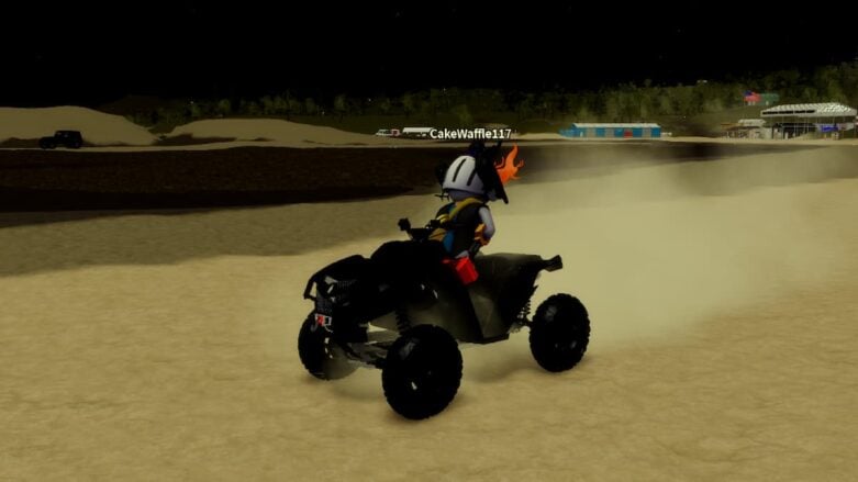 Roblox Mudding Simulator Avatar Wearing Silver Helmet Riding Black Quad Bike In Desert Near Mud