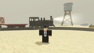 Roblox Payload A Avatar Dressed In Black Suit Mob Attire Standing Before Black Traint And Water Tower