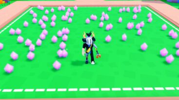 Roblox Pet Crystal Simulator Avatar Wearing Silver Helmet Standing On Green Floor Surrounded By Pink Crystals