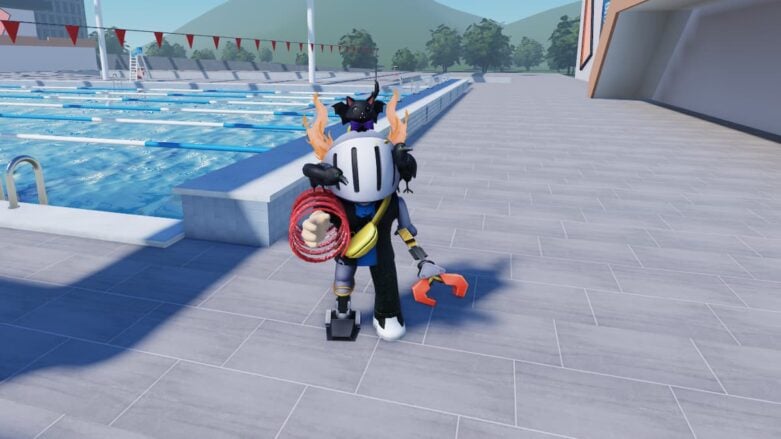 Roblox Pool Park Tycoon Avatar Wearings Silver Helmet Holding Red Sping Near Swimming Pool