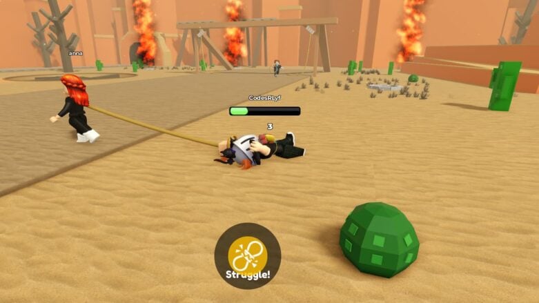 Roblox Rope Battles A Red Haired Avatar Pulling A Silver Helmet Wearing Avatar With A Rob As Fire Erupts From Behind