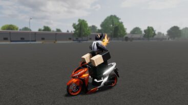 Roblox Sentul Circuit Drag Avatar Wearing Silver Helmet With Black Bird And Cat On Top Riding A Orange Scooter