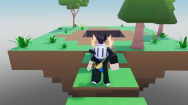 Roblox Slimera Avatar Wearing Silver Helmet Standing On Green Floating Platform Near Floating Island