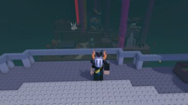 Roblox Something Evil Will Happen Avatar Wearing Silver Helmet Standing Before Balcony As Beams Colored Lights Hit Island Behind