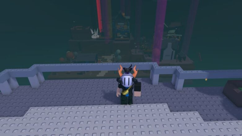 Roblox Something Evil Will Happen Avatar Wearing Silver Helmet Standing Before Balcony As Beams Colored Lights Hit Island Behind