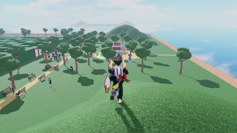 Roblox Steal Ice Cream From Kids Avatar Wearing Silver Helmet Holding Ice Cream Cone In Right Hand As He Stands On Top Of A Hill