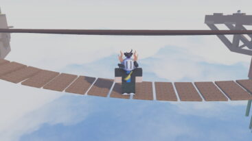 Roblox Stud Tower Defense Avatar Wearing Silver Helmet Standing On Wooden Bridge Over Looking The Sky And Clouds