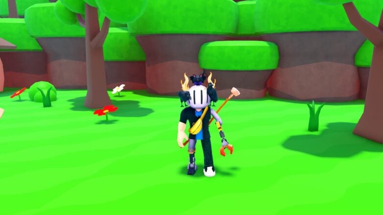 Roblox Sunken Treasures Avatar Wearing Silver Helmet And Metal Claw Hand Standing On Grass With Rod On Back