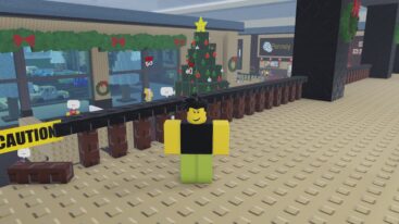 Roblox The Mall Game Kid Black Hair Black Tshirt On Mall Balcony Near Caution Tape Overlooking Christmas Tree