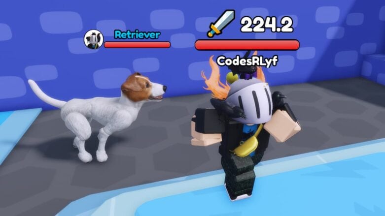 Roblox Train Dog To Fight An Avatar Wearing Silver Helmet Being Followed By A White Retriever Dog