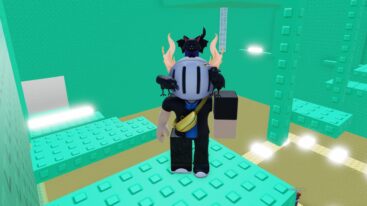 Roblox Troll Pinning Tower Avatar Wearing Silver Helmet With Cat On Top Standing On Green Platform With White Lasers Near