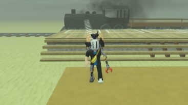 Roblox West Rails Tower Defense Avatar Wearing Silver Helmet Standing Before Wooden Platform Leading To Steam Train