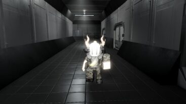 Roblox Alien Prototype Avatar Wearing Silver Helmet Standing In Grey Dark Spooky Ship Hallway