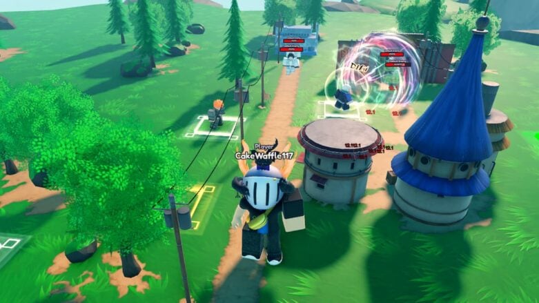 Roblox Anime Defense Rng Avatar Wearing Silver Helmet Standing Near Buildings As Units Attack Creatures On Path
