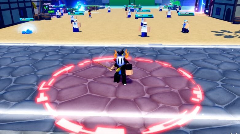 Roblox Anime Fruit World Avatar Wearing Silver Helmet Holding Wooden Katana As A Red Circle Appears On The Ground