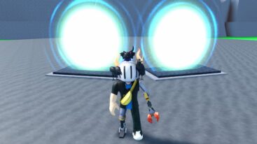 Roblox Arise Army Tycoon Avatar Wearing Silver Helmet And Metal Claw Arm Standing Before Two Blue Portals