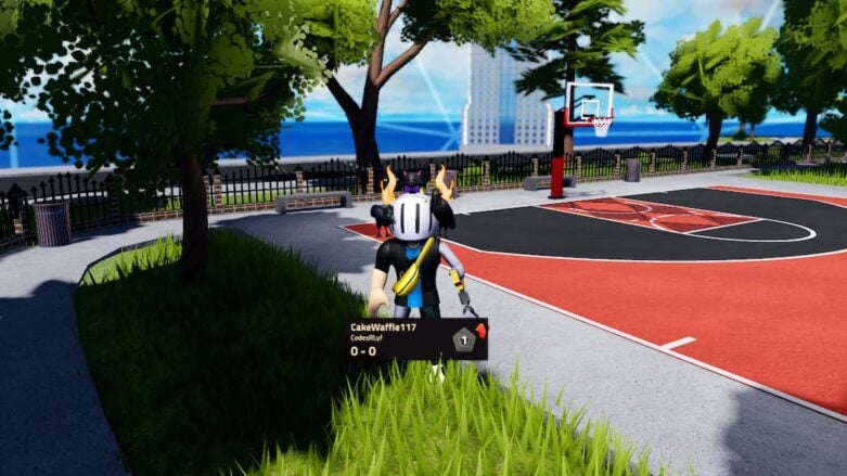 Roblox Basketball Dynasty Rng Avatar Wearing Silver Helmet And Claw Arm Standing In Grass Near A Red Black Basketball Court With Hoop