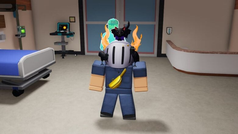 Roblox Be A Nurse An Avatar Wearing Silver Helmet Wearing Blue Nurse Scrubs Standing In A Hospital Room