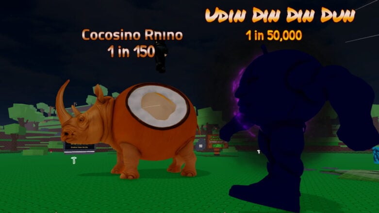 Roblox Brainrot Rng A Brown Cocosino Rhino Standing Near A Black Shadow Figure Called A Udin Din Din Dun