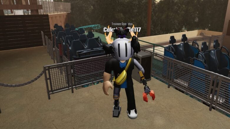 Roblox Coaster Operator An Avatar Wearing Silver Helmet Standing Near Fences With Coasters