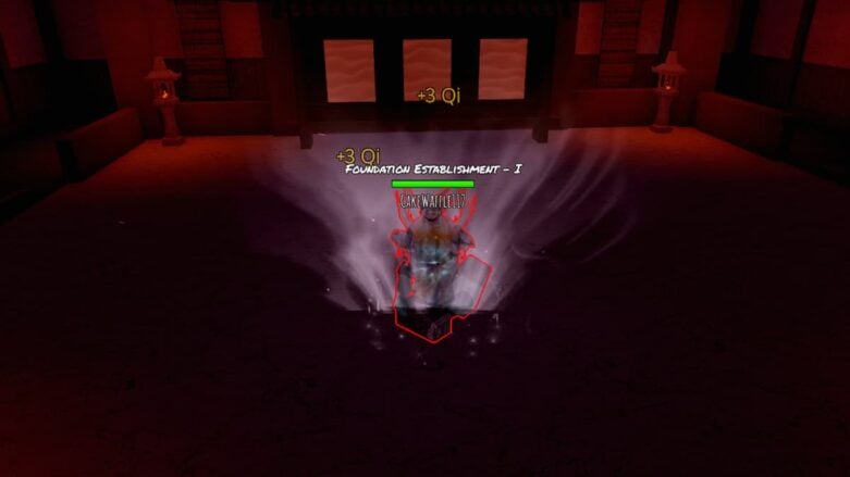 Roblox Cultivation Era Red Outlined Avatar Meditating In Red Temple