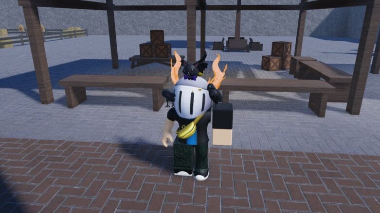 Roblox Dark Journey Avatar Wearing Silver Helmet Standing Near Benches