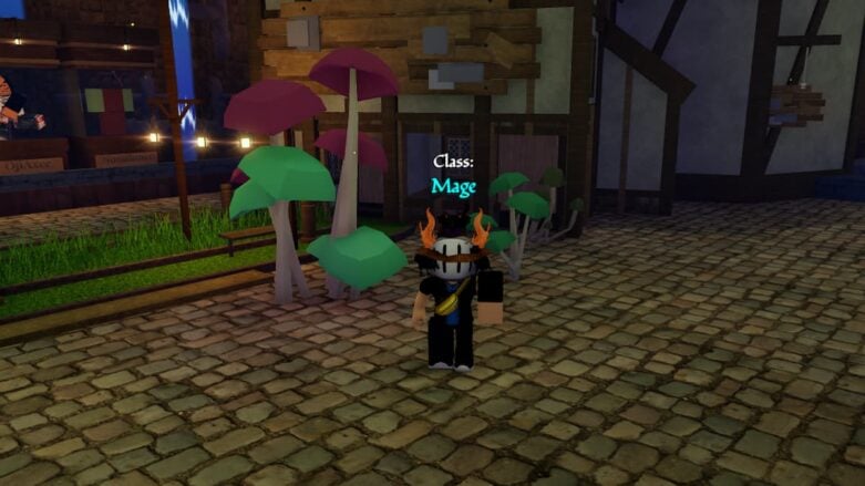 Roblox Dead Tales Avatar Wearing Silver Helmet Standing Bear Red Green Plants On Cobbled Stone