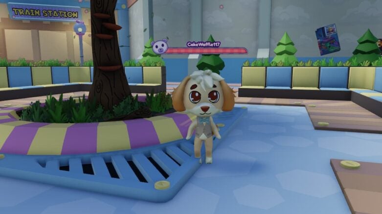 Roblox Dollys Factory A Dog Avatar Standing Near A Tree With Train Station Sign In The Background