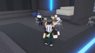 Roblox Dummy Defense Avatar Wearing Silver Helmet Standing Near Table With White Npcs