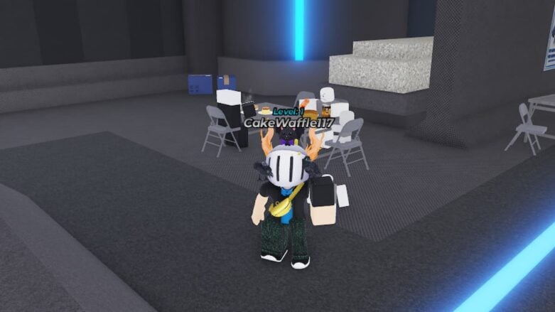 Roblox Dummy Defense Avatar Wearing Silver Helmet Standing Near Table With White Npcs