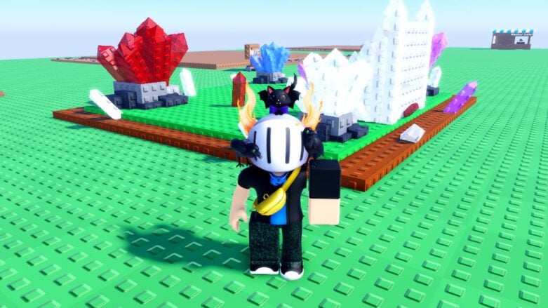 Roblox Flip A Rock Avatar Wearing Silver Helmet Standing Before Farm Of Different Colored Gemstones And Rocks