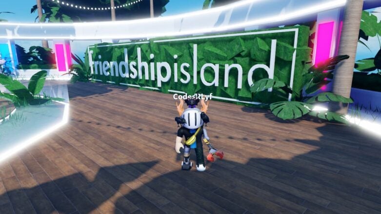 Roblox Friendship Island Avatar Wearing Silver Helmet And Metal Claw Standing Before Friendship Island Sign