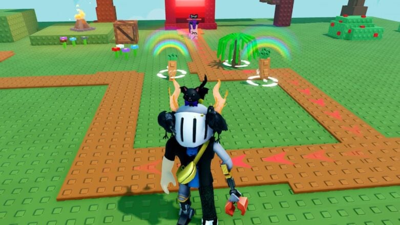 Roblox Garden Tower Defense Avatar With Silver Helmet And Claw Arm Standing Near Dirt Road As Plants Attack