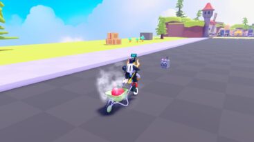 Roblox Garden Training Avatar Wearing Silver Helmet Holding Wheelbarrow Down A Track With Floating Square Grey Cat Behind