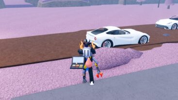Roblox Glowing Up Tycoon Avatar Wearing Silver Helmet And Claw Arm Holding Make Up Foundation Kit As White Sports Cars Drive By