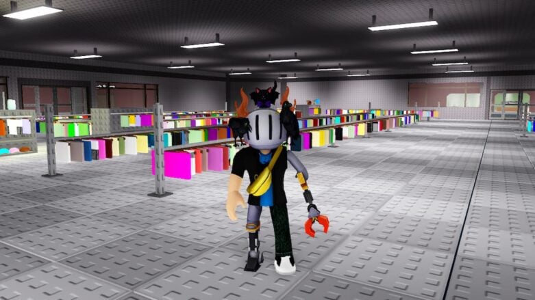 Roblox Go Thrift Shopping Avatar With Silver Helmet And Claw Arm Standing In A Thrift Store With Multicolored Items Behind