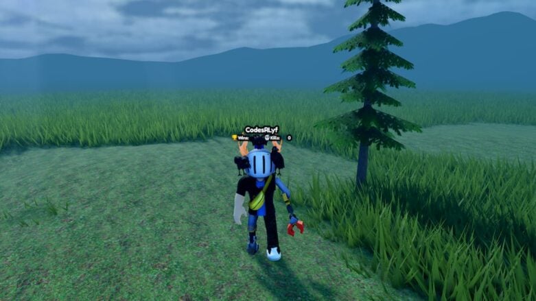 Roblox Goblin Trail Avatar Wearing Silver Helmet And Claw Arm Standing Near Grass And Lone Tree